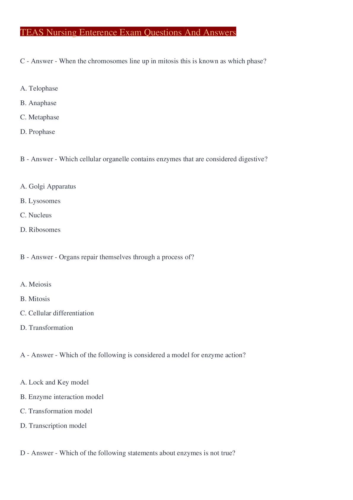 Preview of TEAS Nursing Enterence Exam Questions And Answers 2022